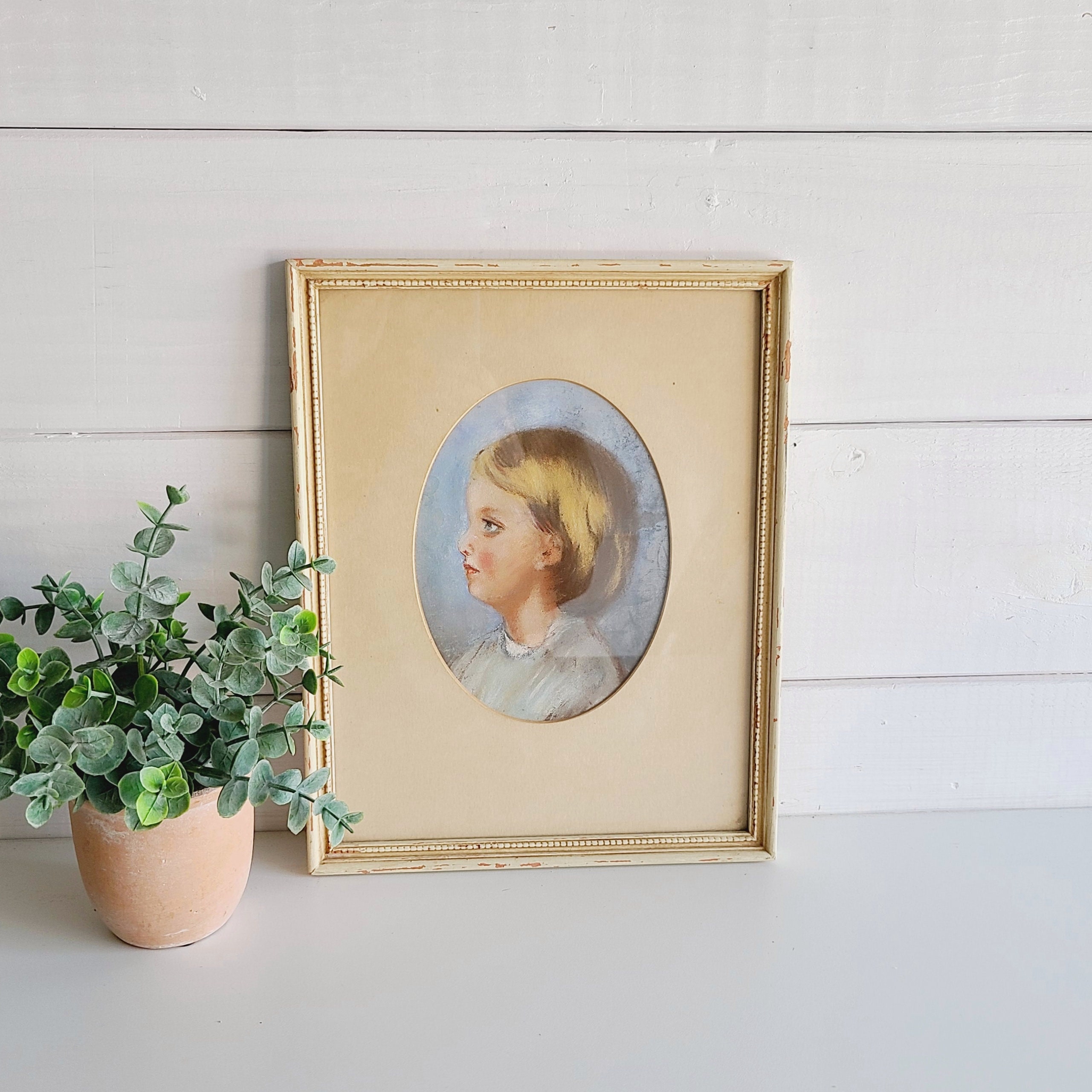 Vintage framed artwork of a little girl | portrait | child's room decor |