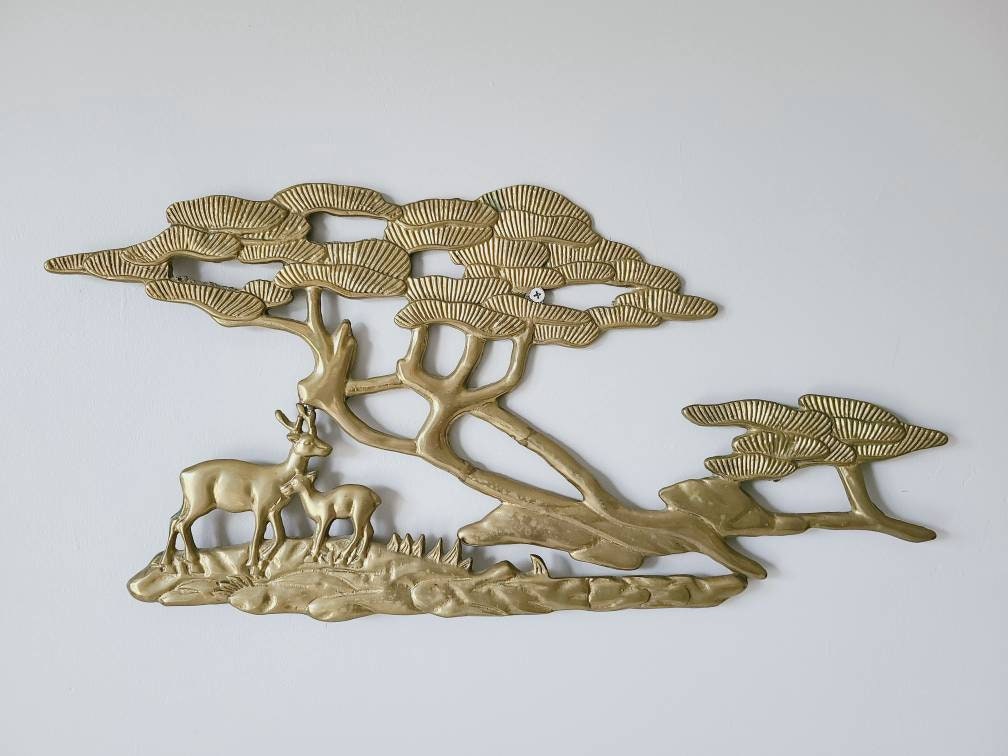 Vintage brass tree with deer wall hanging bonsai tree wall decor