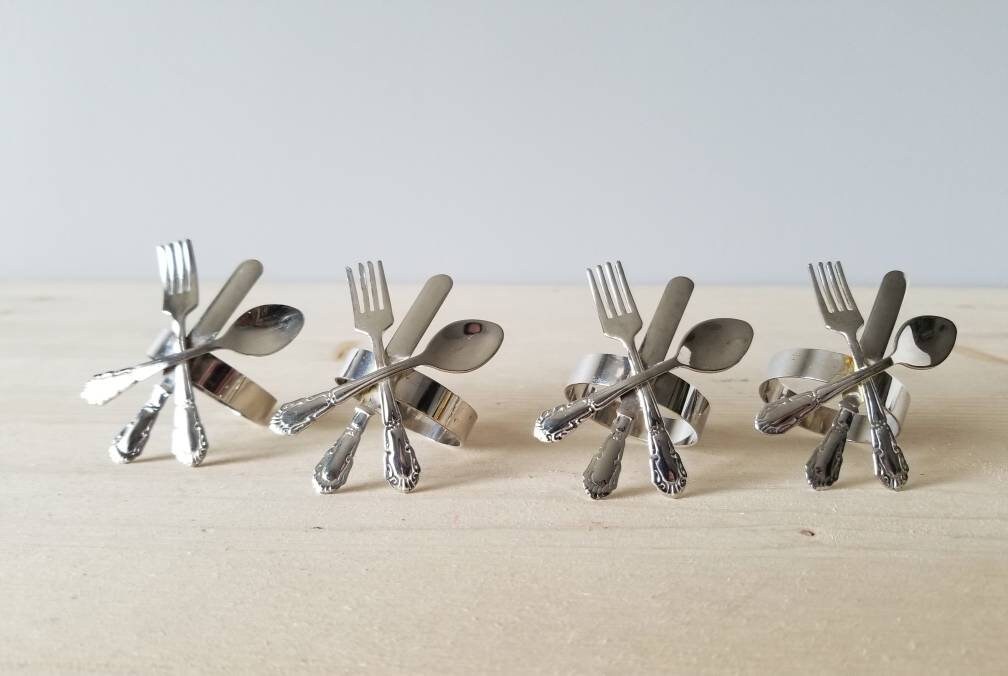 Vintage silver plate fork knife and spoon napkin rings