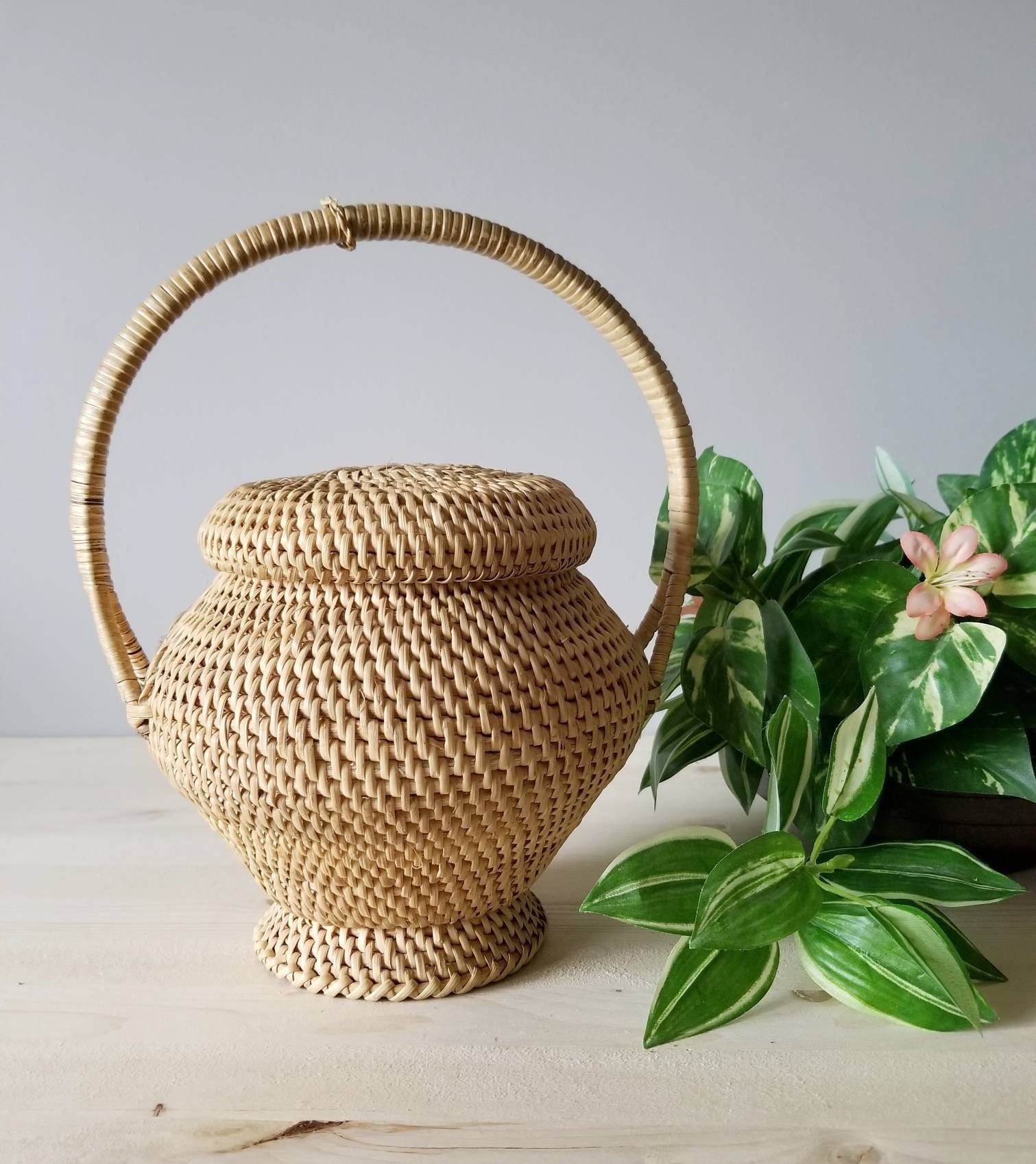Vintage basket with lid and handle storage basket bohemian decor