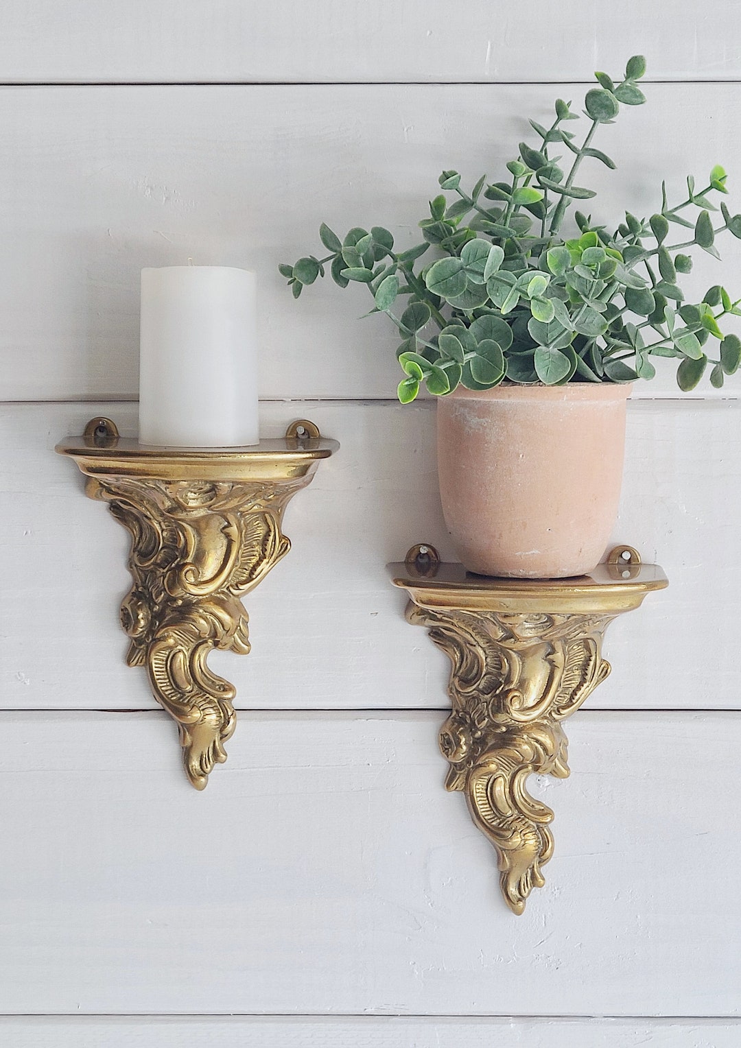 Vintage Brass Wall Shelf Pair Wall Consoles Art Nouveau Florentine