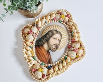 Vintage Jesus wall art with seashell frame | wall plaque | religious decor | wall hanging | mid century |