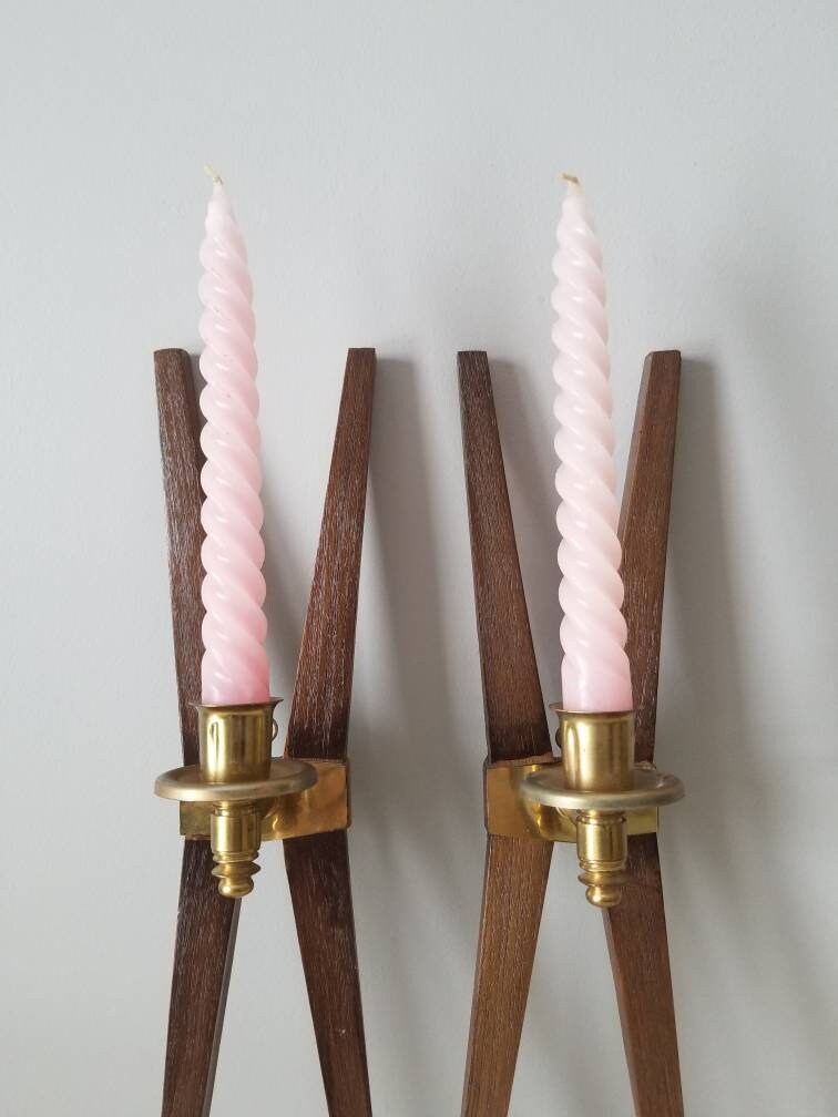 Mid century modern candle sconces pressed wood and brass wall sconces