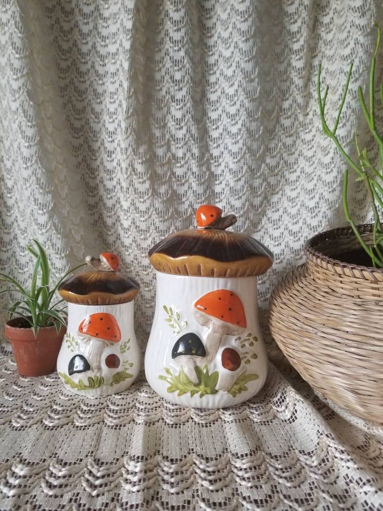 Vintage Mushroom Cookie Jar Set Sears Merry Mushroom Collectible