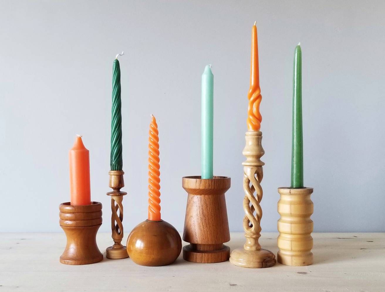 Wooden candlestick holder set of 6 mid century modern candle holders
