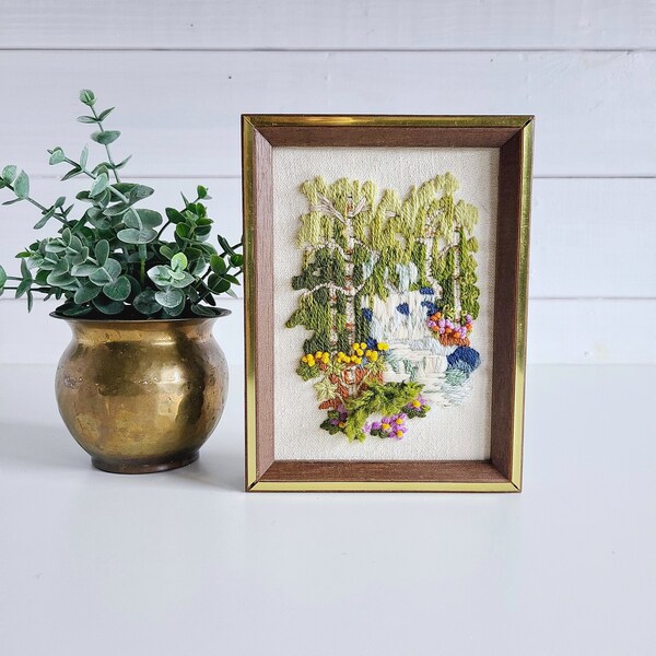 Vintage framed crewel woodland scene art | forest needlework | floral | waterfall | kitschy fiber artwork |