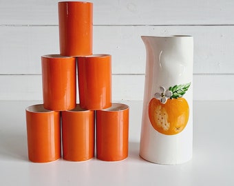Vintage Holt Howard pitcher with six cups | orange juice serving set | ceramic jug | 60s |