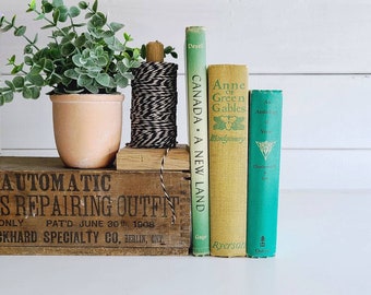 Vintage set of 3 colorful books | teal, green, yellow | library decor | book stack | vintage library | mid century | cottage vibes | retro