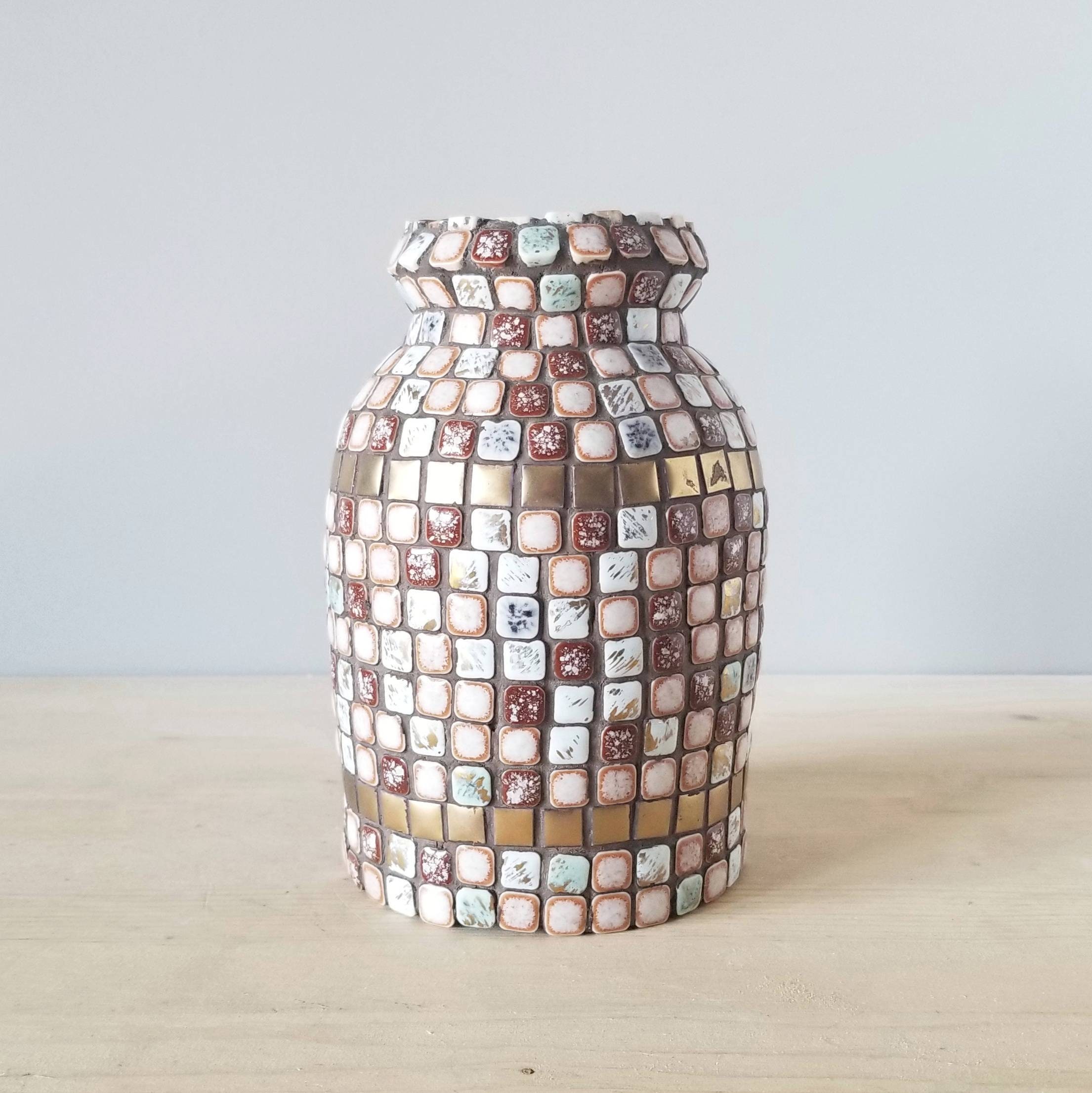 Vintage mosaic tile vase mid century flower vase gold pink brown tile