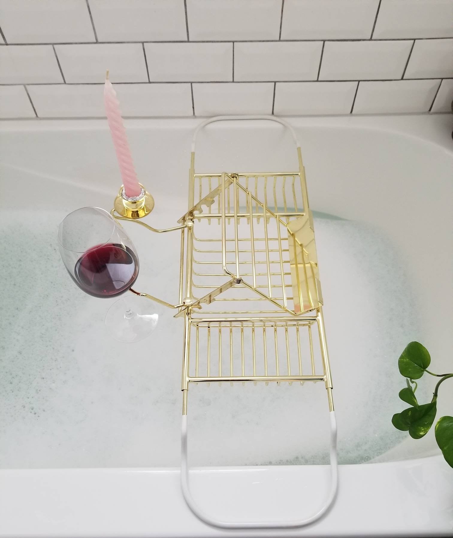 Brass bath caddy with book stand wine glass holder and candle holder