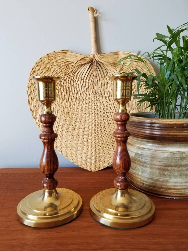 Vintage Candlestick Holders Brass And Wood Candle Vintage Candlestick Holders Brass And Wood Candle Sticks Home Decor Bohemian Gold