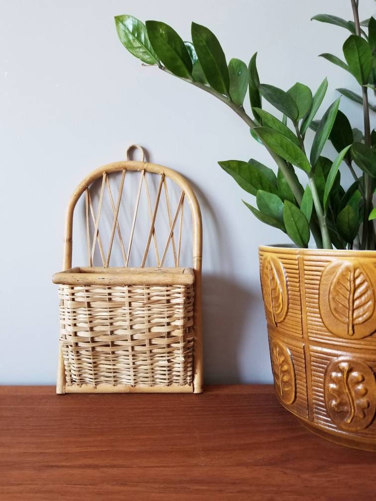 Vintage wicker wall pocket wicker storage boho wall decor