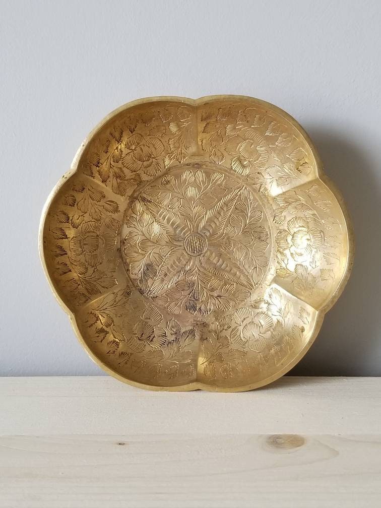 Vintage etched brass bowl decorative etched brass bowl global decor