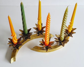Vintage brass pineapple fronds semi circle candle holder pair | table centerpiece | Hollywood Regency |