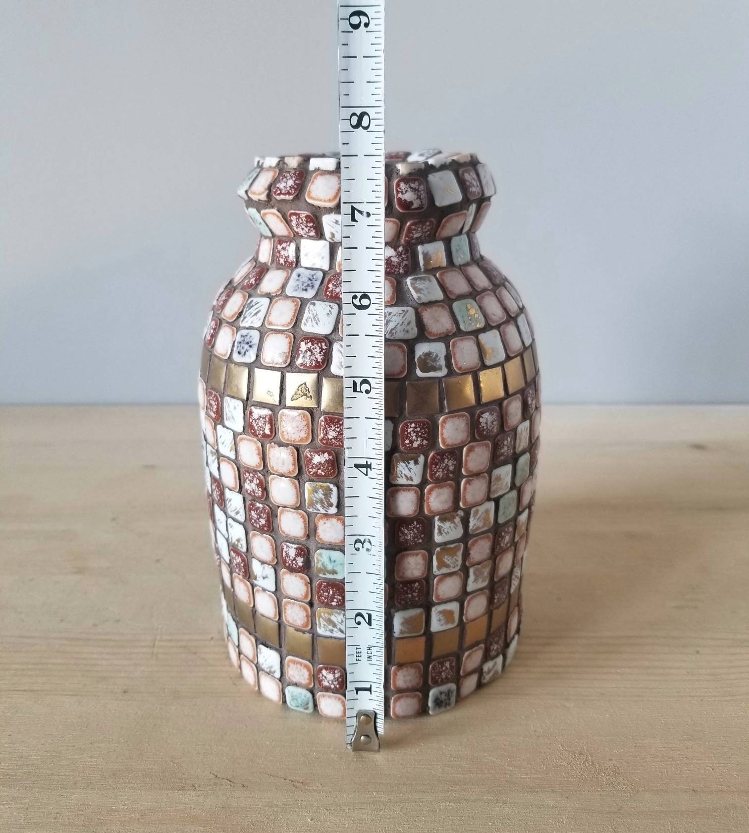 Vintage mosaic tile vase mid century flower vase gold pink brown tile