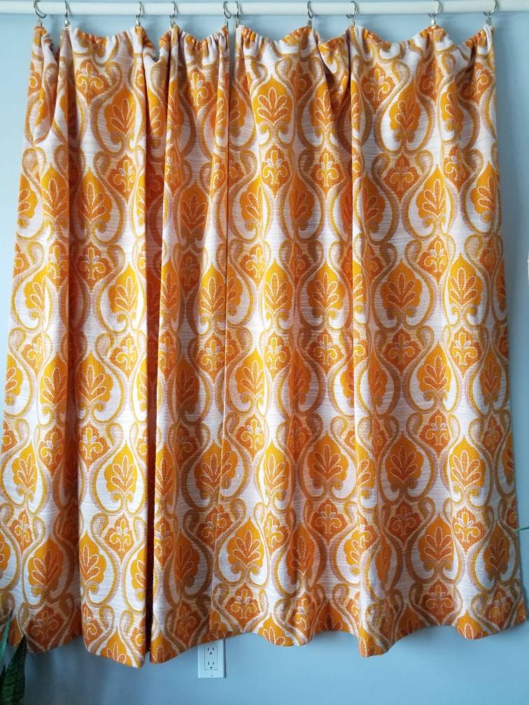 Vintage curtain panels orange damask pattern seventies home decor