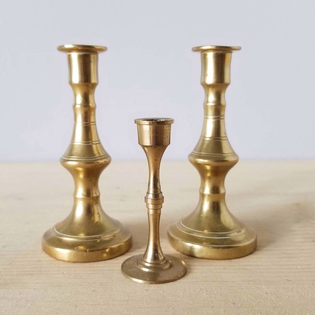 Vintage brass miniature candlestick holders set of 3 Bohemian home decor