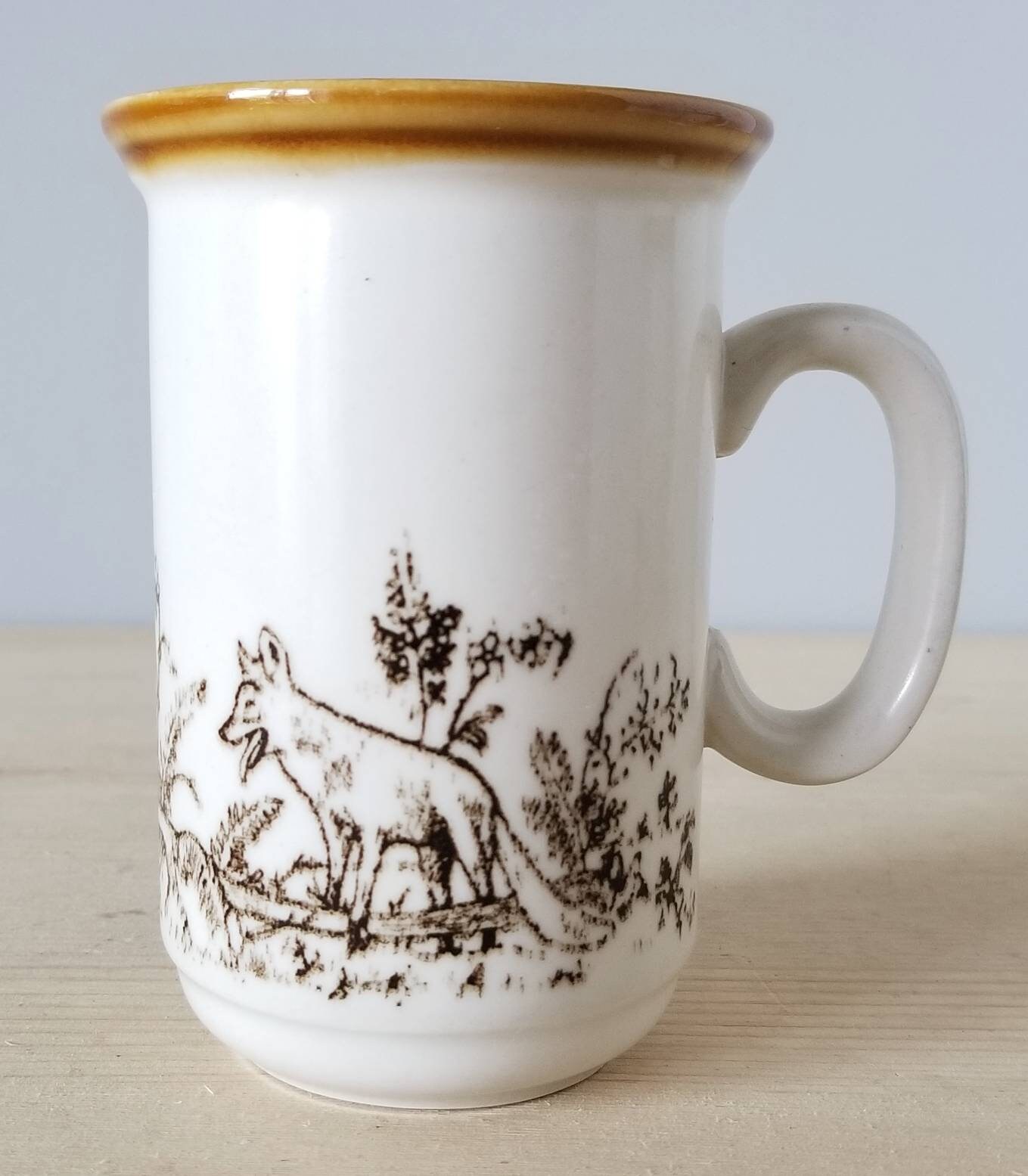 Vintage Churchill England mug pair with fox pattern pottery coffee mugs woodland animals