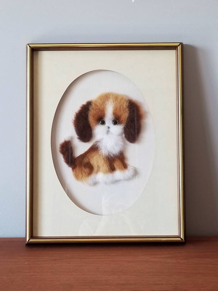 Vintage puppy dog framed artwork made from felt nursery decor