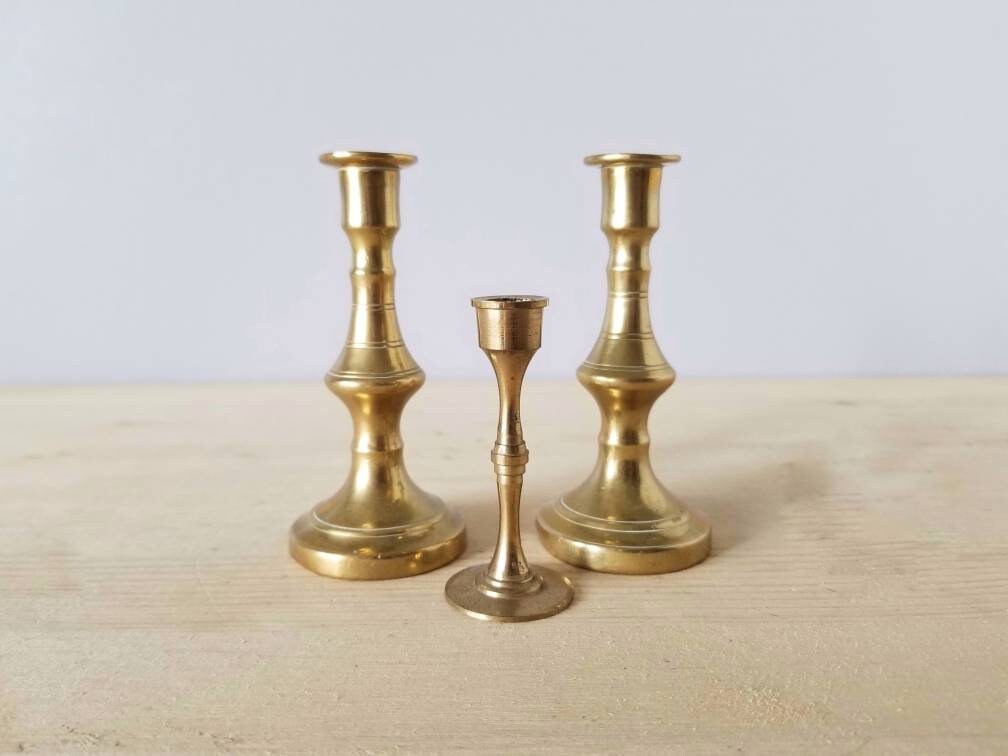 Vintage brass miniature candlestick holders set of 3 Bohemian home