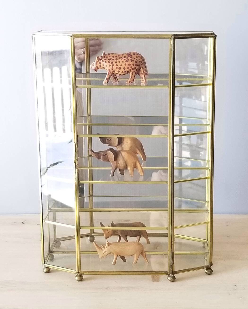 Vintage large brass and glass curio trinket box storage shelf