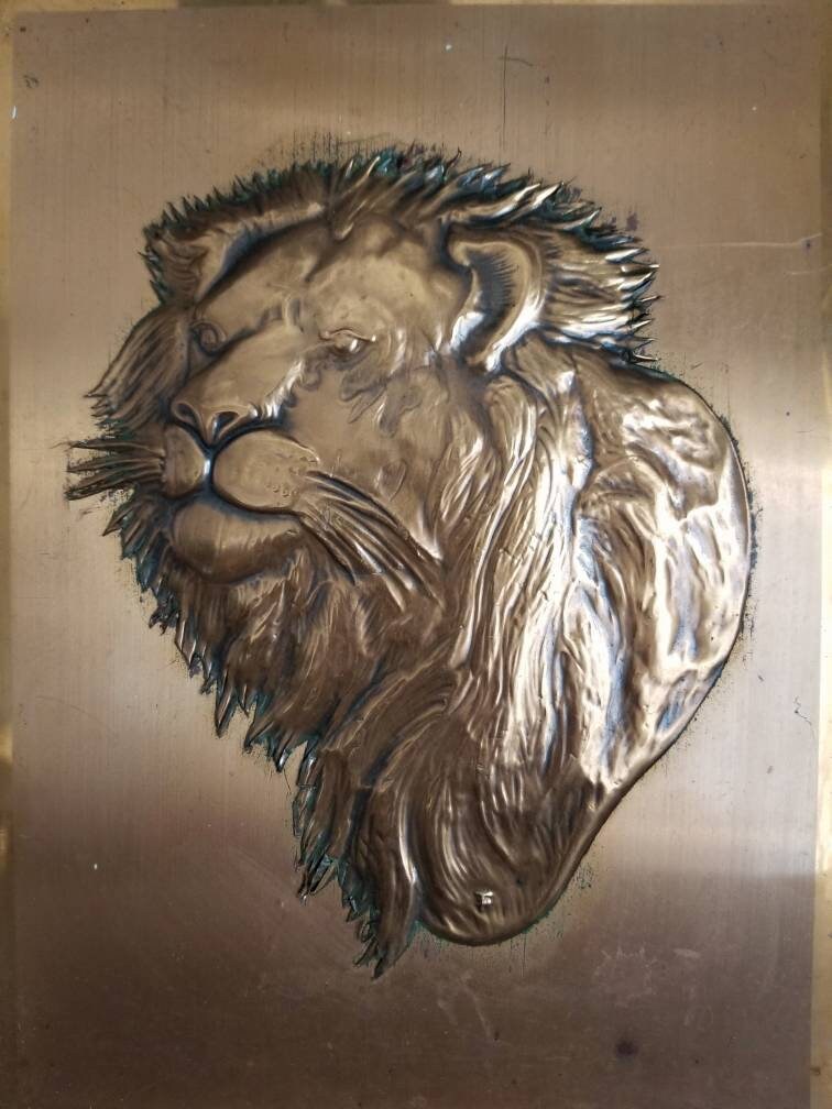 Vintage copper lion art hammered metal art jungle hammered copper