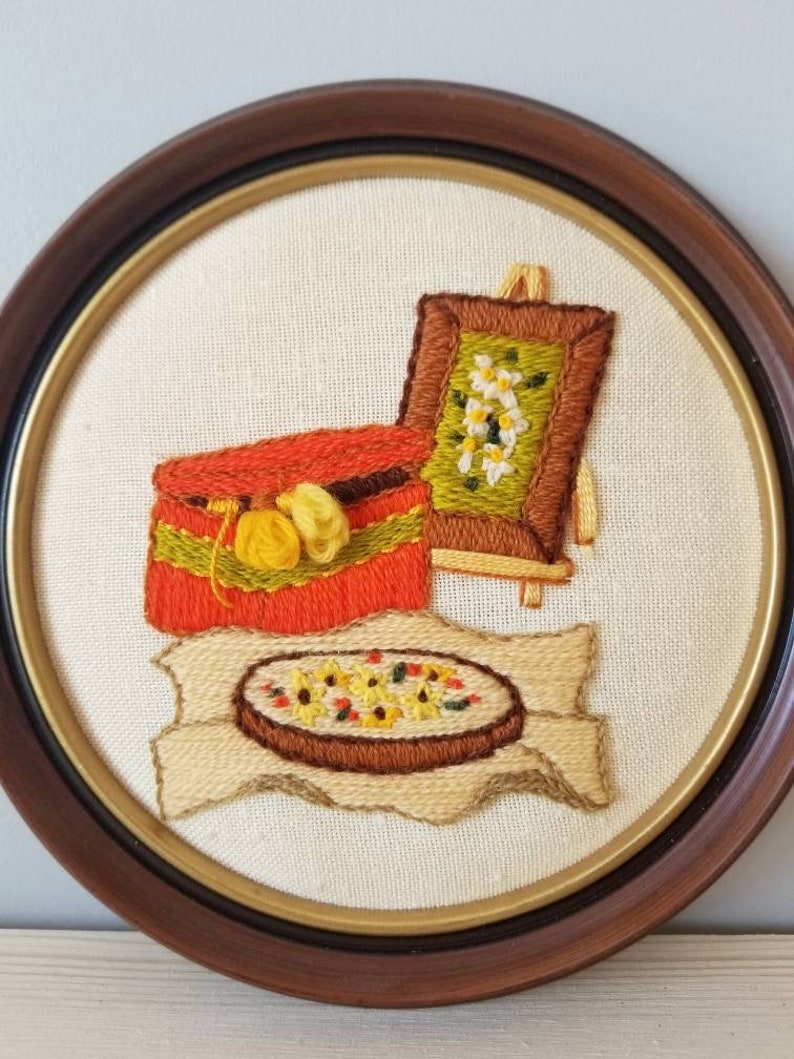 Vintage framed crewel art from the seventies kitschy fiber artwork