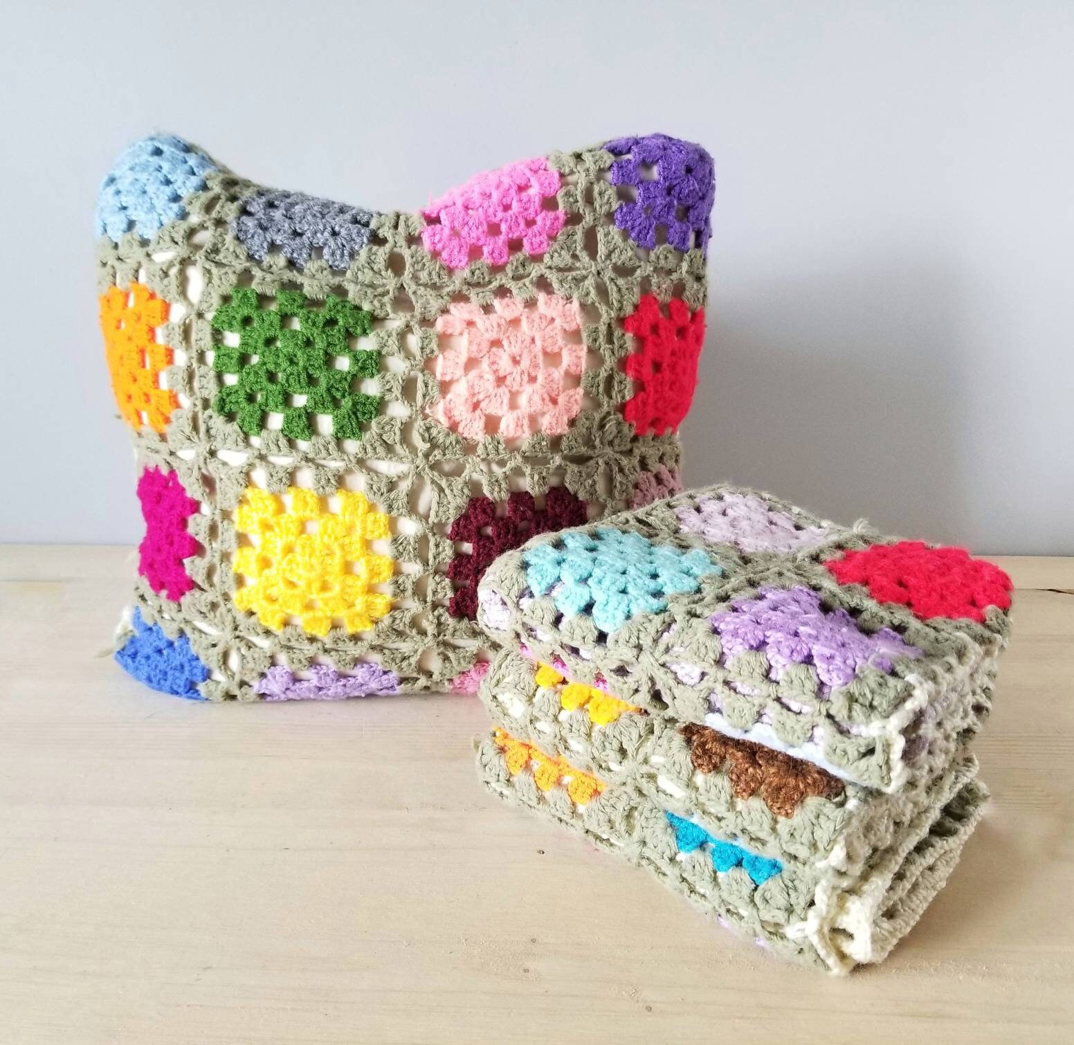 Vintage pair of granny square pillow covers bohemian cushion covers