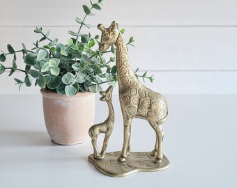 Vintage brass giraffe mom and baby | brass animal figurine statue |