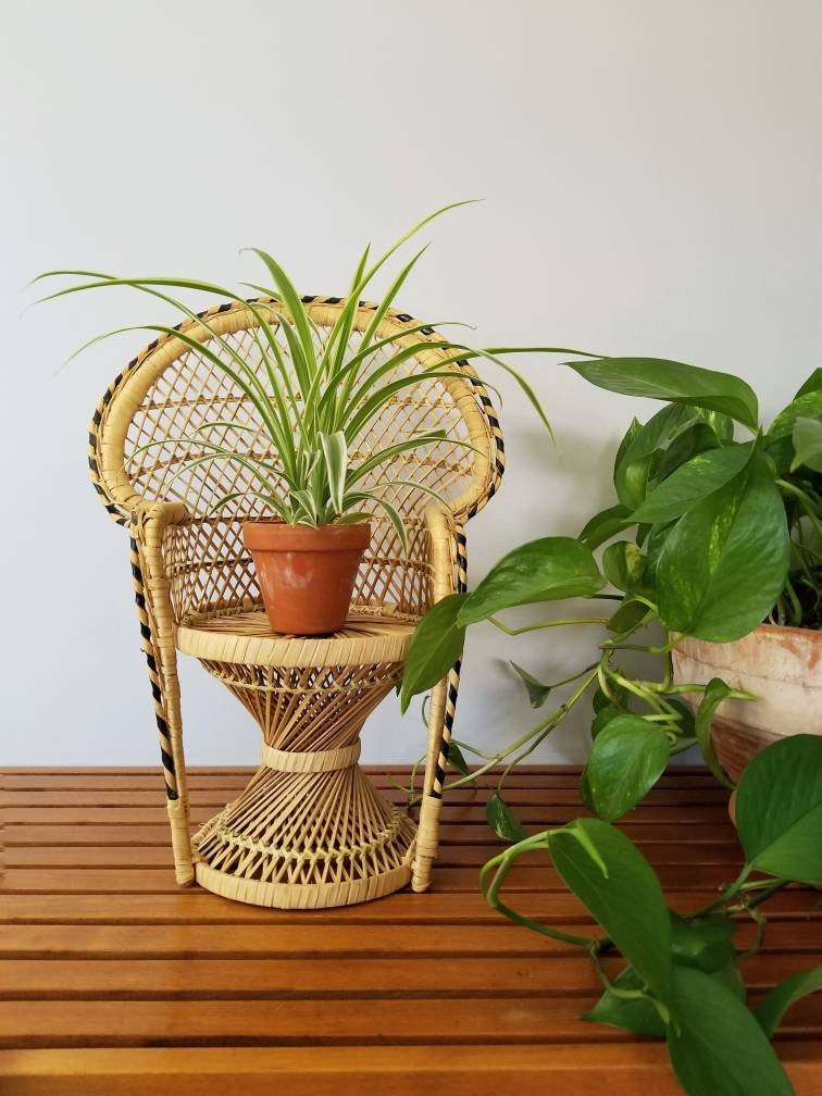 Vintage mini peacock chair wicker chair plant stand dolls chair