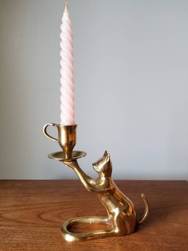 Vintage cat candle holder candlestick holders brass candlesticks gift for cat lovers