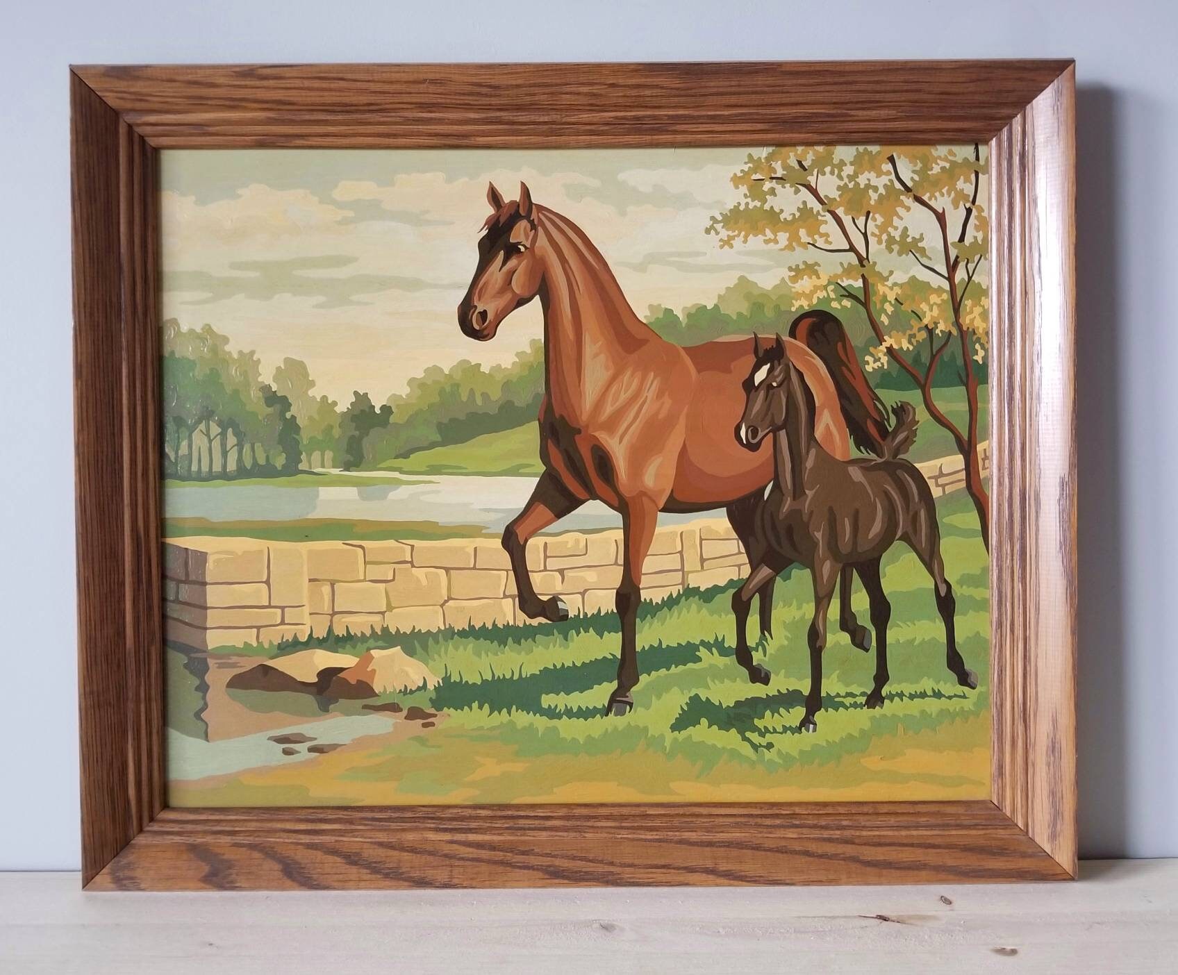 Vintage paint by numbers framed horse painting