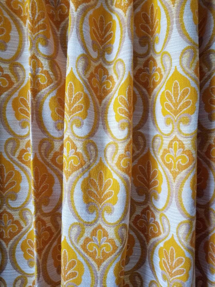 Vintage curtain panels orange damask pattern seventies home decor