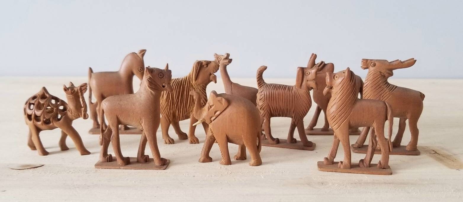 Vintage carved wood safari animals miniature wooden animals figurines