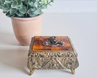 Vintage filigree trinket box | Victorian style jewelry box with bakelite accent | rose jewellery box | tortoiseshell | art nouveau