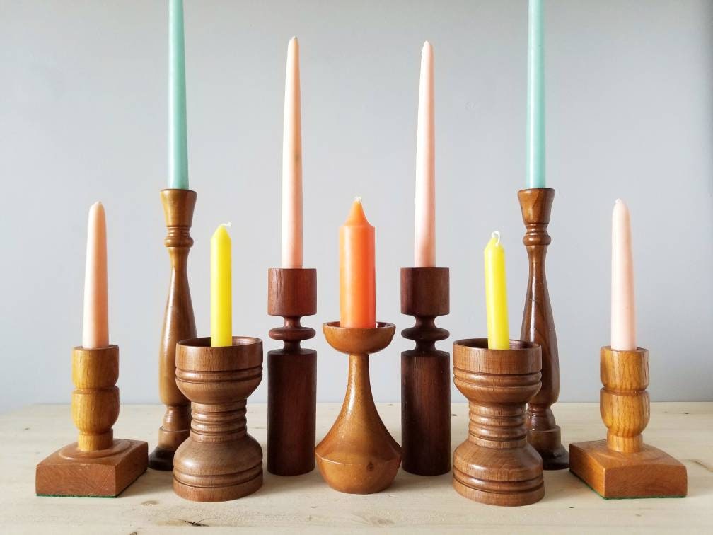 Wooden candlestick holder set of 9 mid century modern candle holders