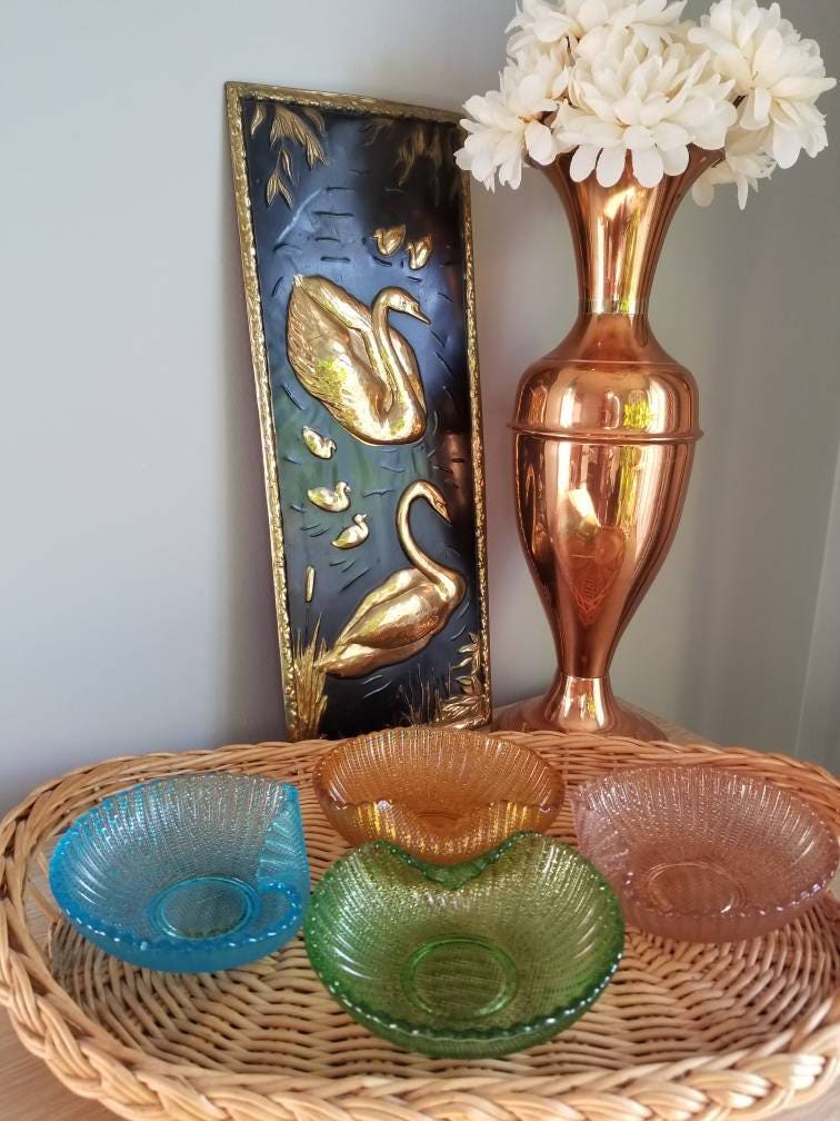 Vintage glass bowls. Assorted colored dishes. Victorian style glassware