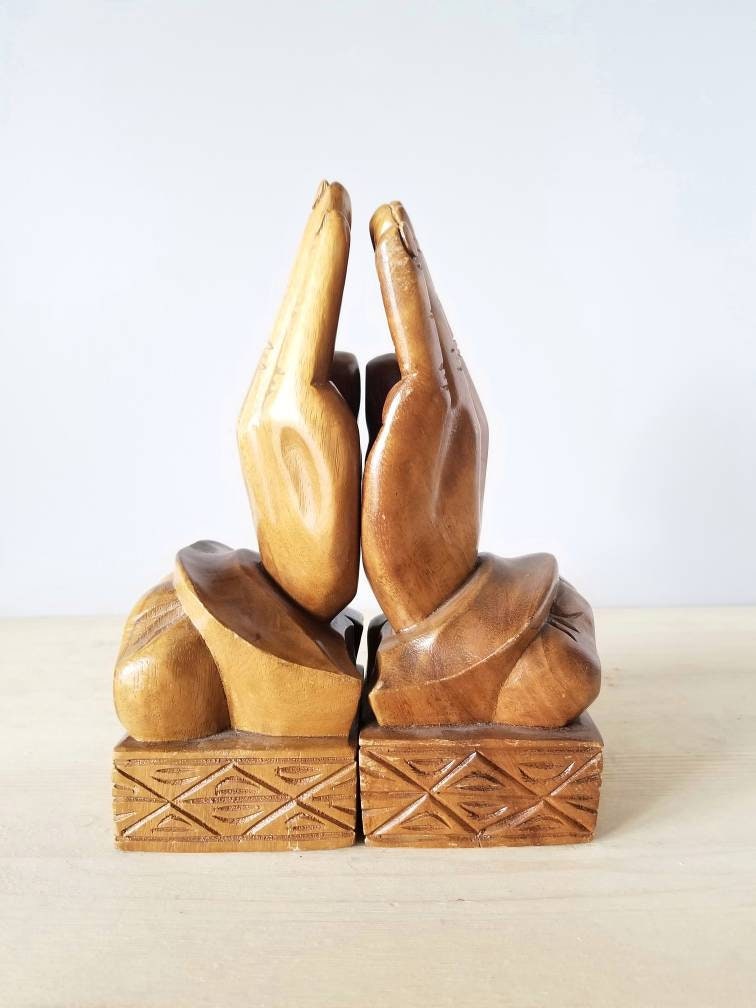 Vintage hand bookends hand carved wood wooden palm book ends