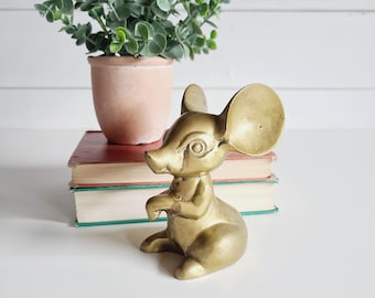 Vintage large brass mouse | big earred mouse | mouse shelf decor | brass animals |