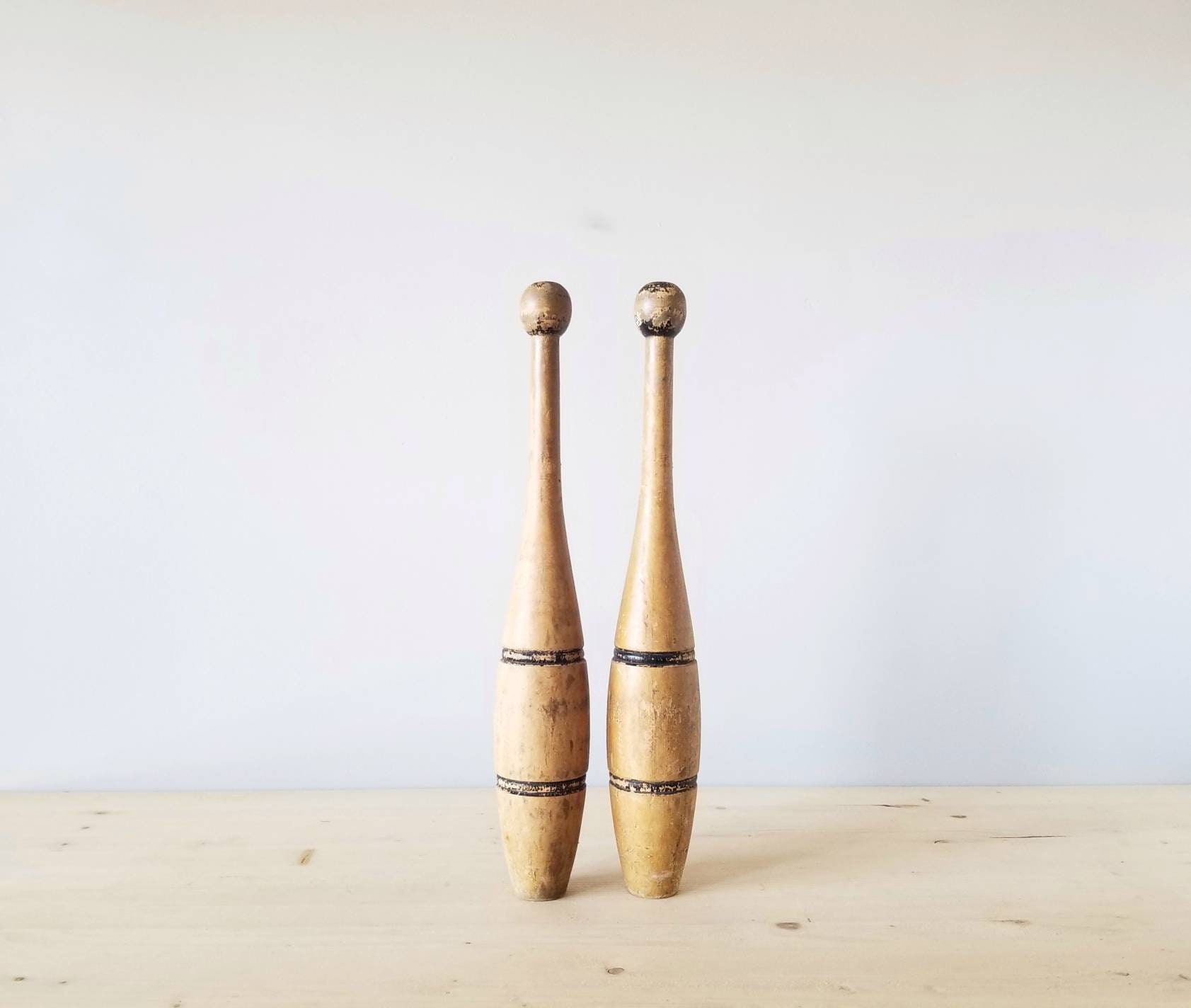 Antique wooden exercise clubs set of two juggling pins