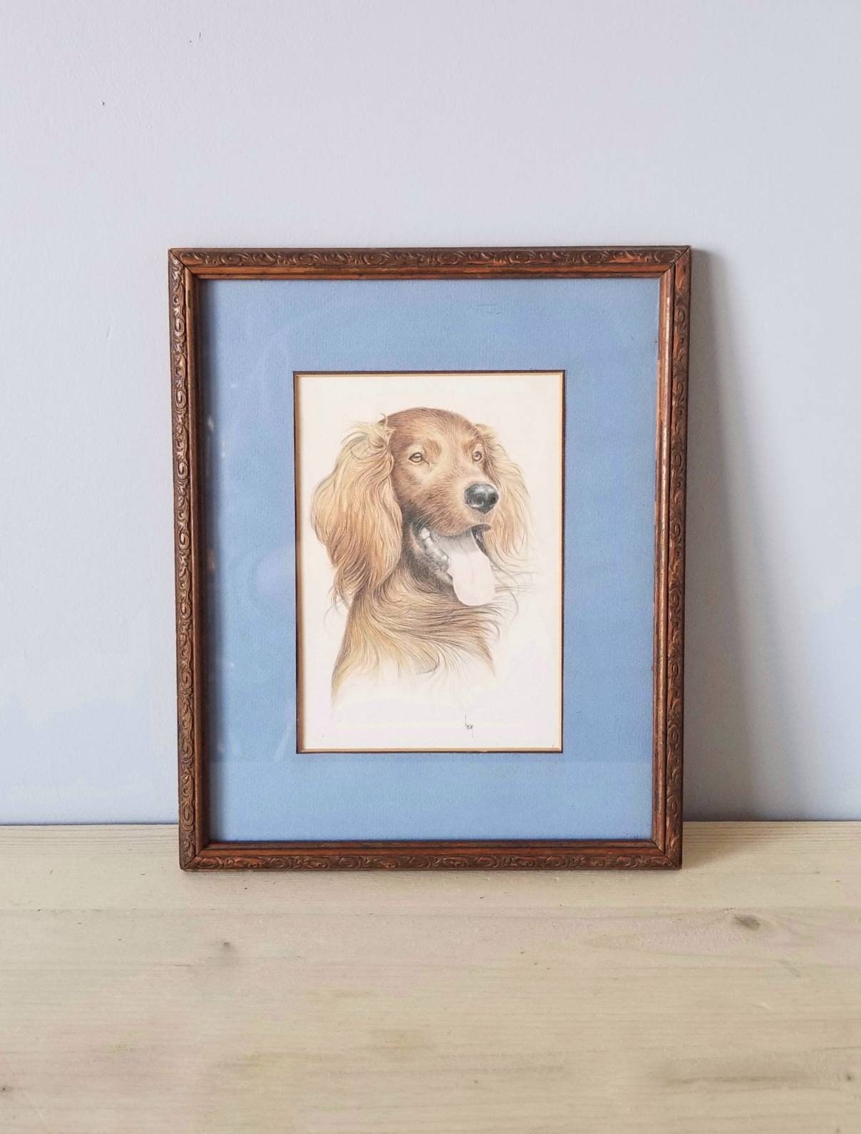 Vintage framed Irish Setter print framed mid century artwork dog art