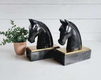 Vintage marble and brass horse bookends | art deco style | home office decor | book ends | black and gold |