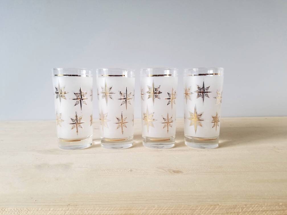 Vintage frosted highball glass set of 4 atomic style gold star