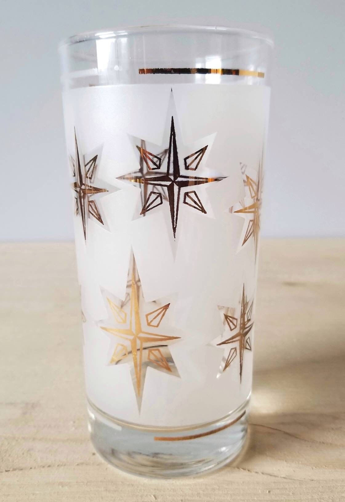 Vintage frosted highball glass set of 4 atomic style gold star