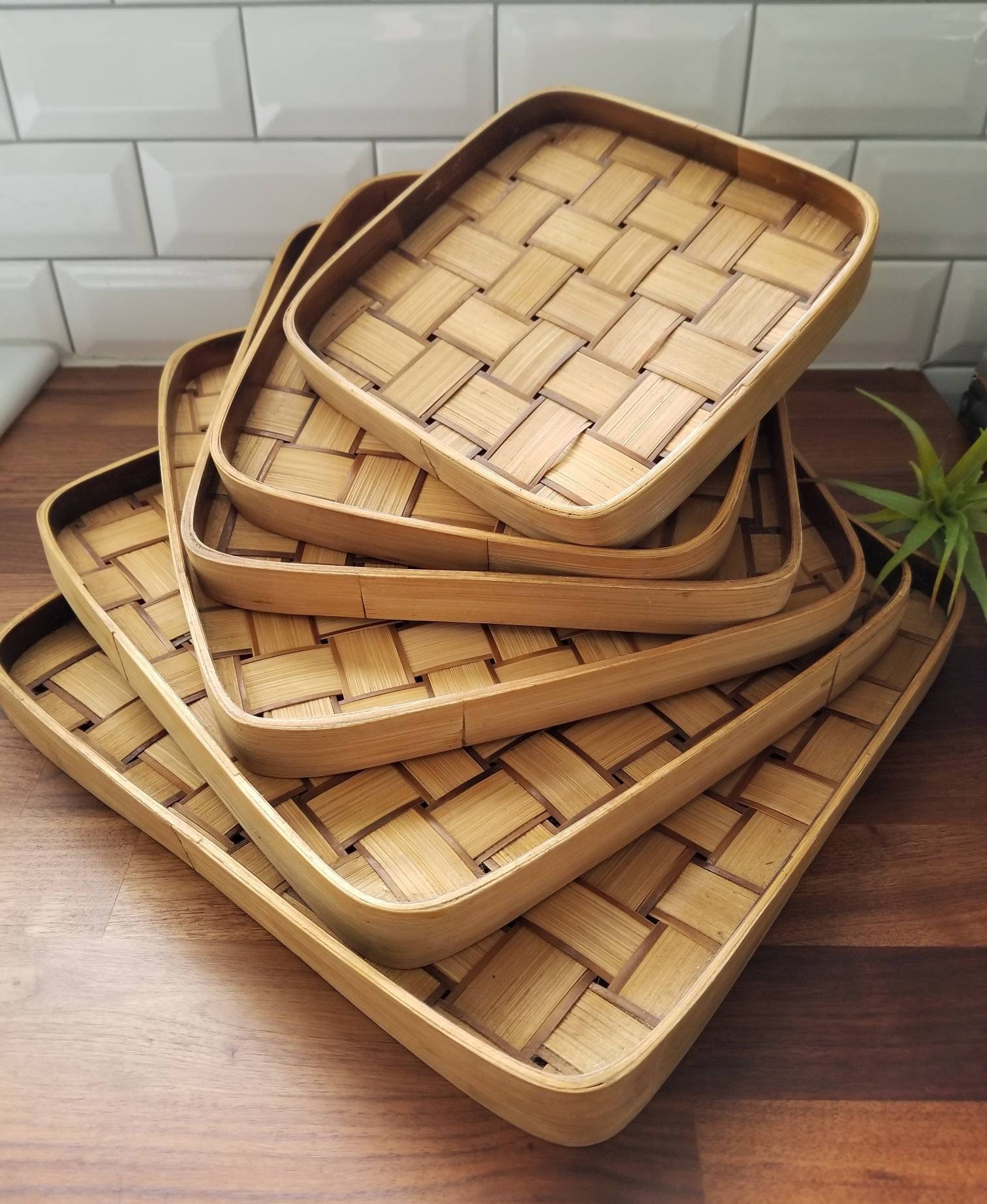 Vintage bamboo tray set basket wall set rattan serving trays