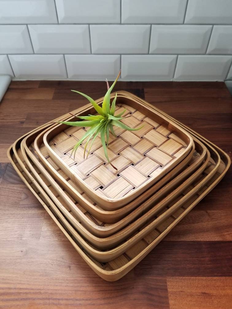 Vintage bamboo tray set basket wall set rattan serving trays bohemian entertaining