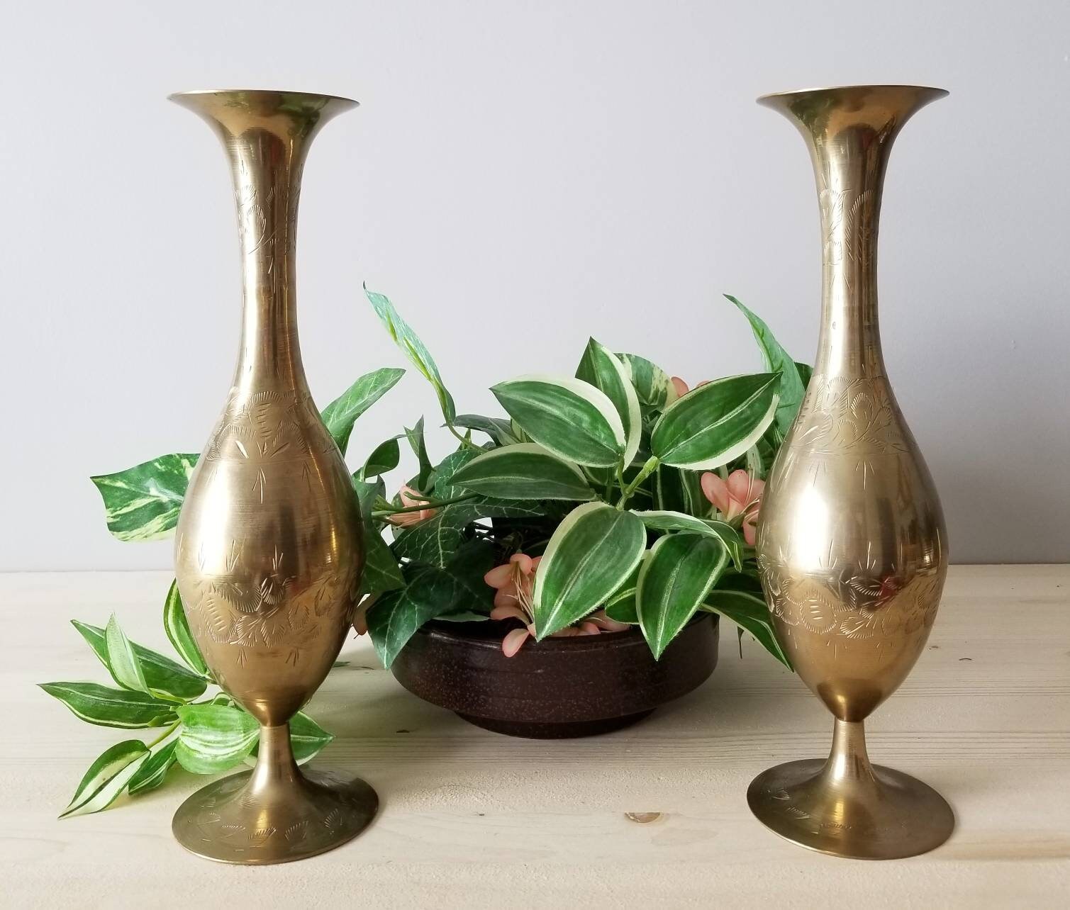 Pair of vintage brass vases Hollywood Regency brass vase