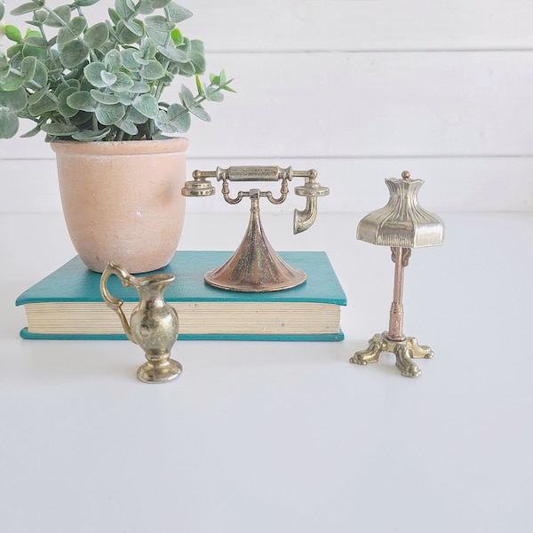 Vintage doll house miniatures | mini antique telephone | mini pitcher | mini lamp | brass miniatures |