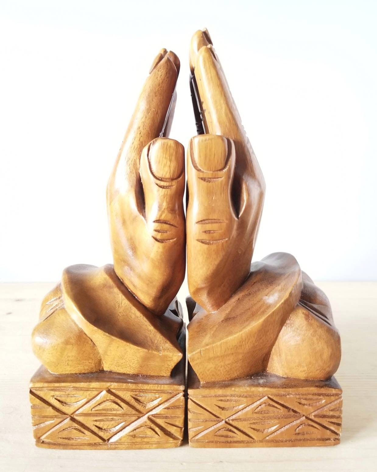 Vintage hand bookends hand carved wood wooden palm book ends