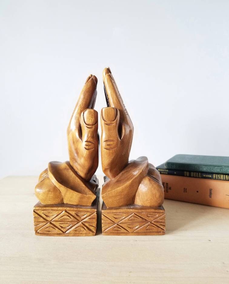 Vintage hand bookends hand carved wood wooden palm book ends